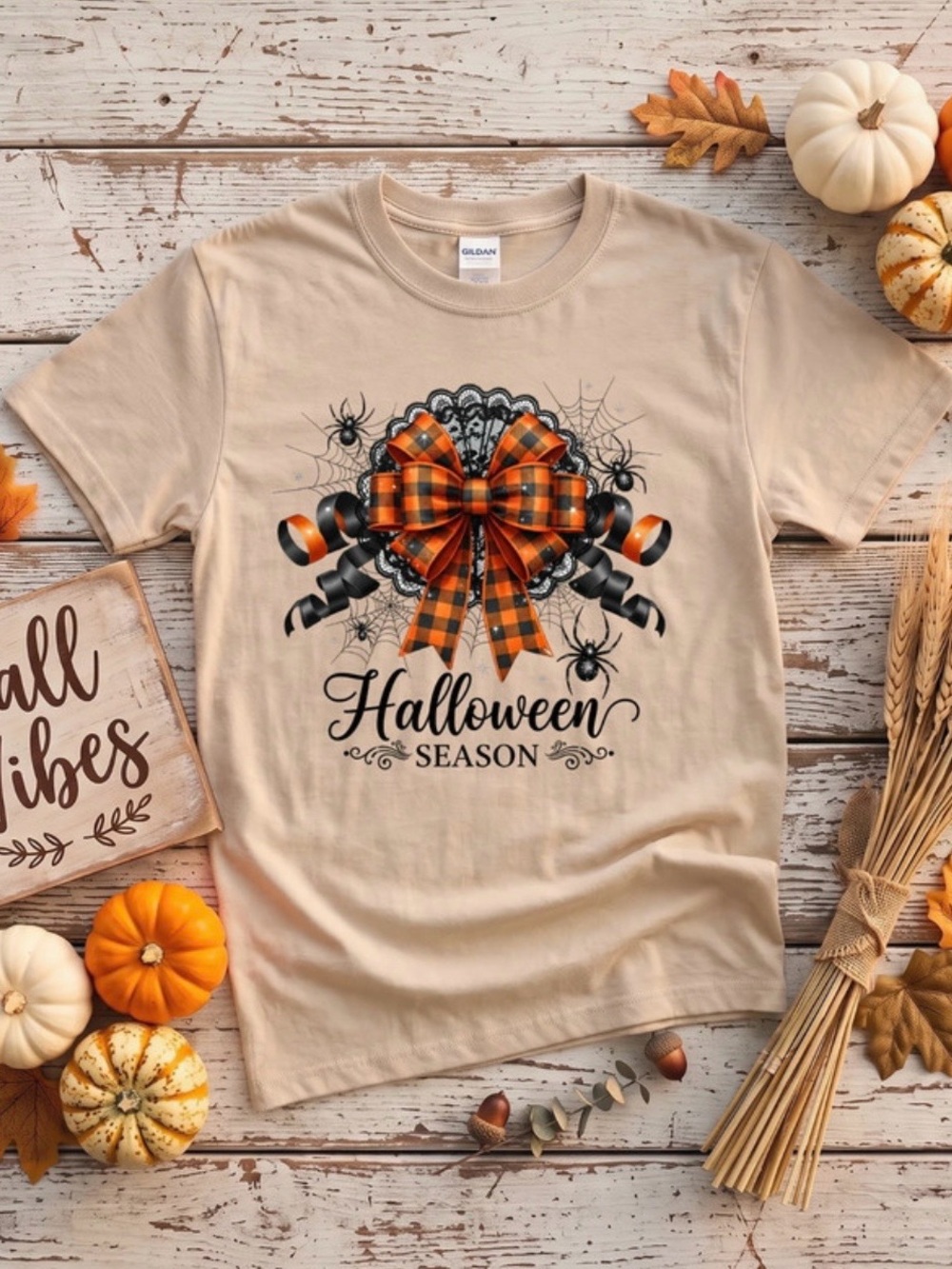 Gildan Cream Halloween Season T-Shirt with Orange Plaid Bow